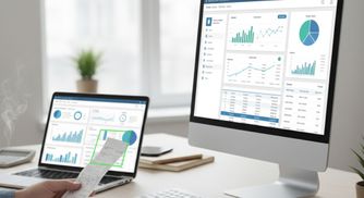 A clean, modern desk with a laptop showing financial charts, representing organized bookkeeping.