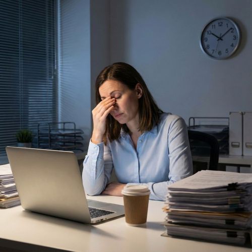 A tired businesswoman sits at a desk with a laptop and stacks of papers in a dimly lit office. She is rubbing her eyes, and a wall clock behind her shows it is late at night.