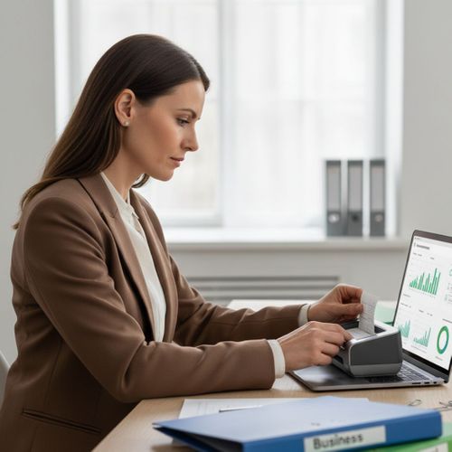 A woman scanning receipts at an organized desk, representing digital organization.