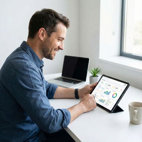 A smiling businessman sits at a clean white desk in a modern office. He is looking at a tablet that displays colorful business charts and graphs.