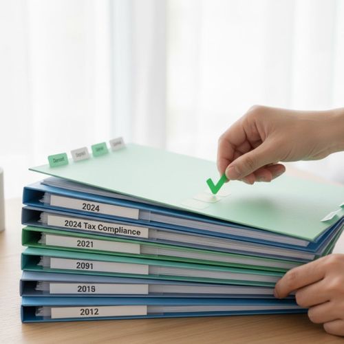 A hand placing a green checkmark sticker on a file labeled "2024 Tax Compliance" in a stack of organized folders, symbolizing audit-readiness and tax compliance