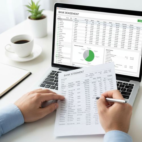 A bank statement being reviewed alongside a laptop displaying bookkeeping software, emphasizing monthly reconciliation.