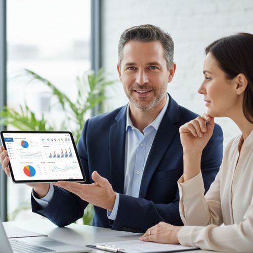 A bookkeeper explains financial software on a tablet to a business owner during a consultation.