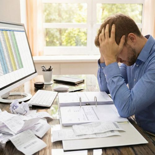 A stressed businessman sits at a messy desk with piles of crumpled receipts and a computer displaying a spreadsheet. He has his head in his hands, looking overwhelmed.
