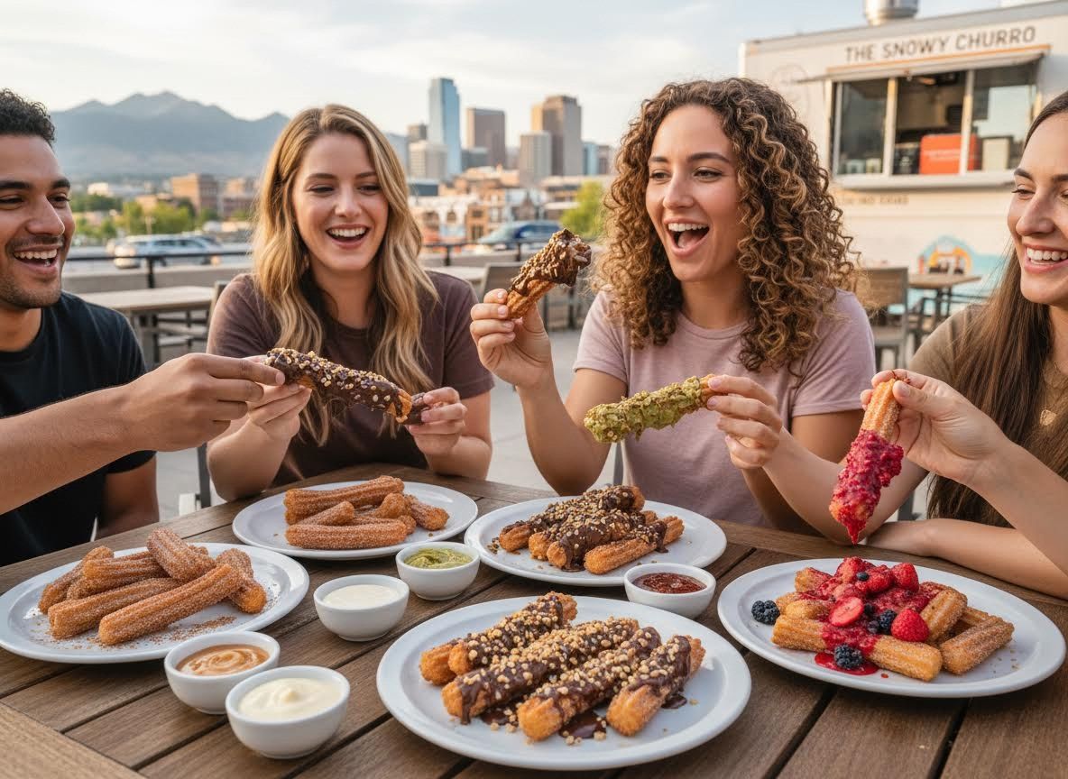 Friends enjoying churros with city skyline view