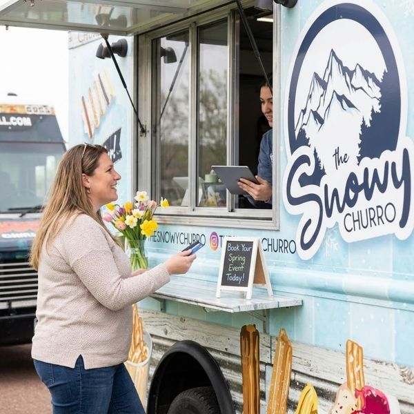 A customer booking an event at the window of 'The Snowy Churro' light blue food truck, with a sign that says "Book Your Spring Event Today!"