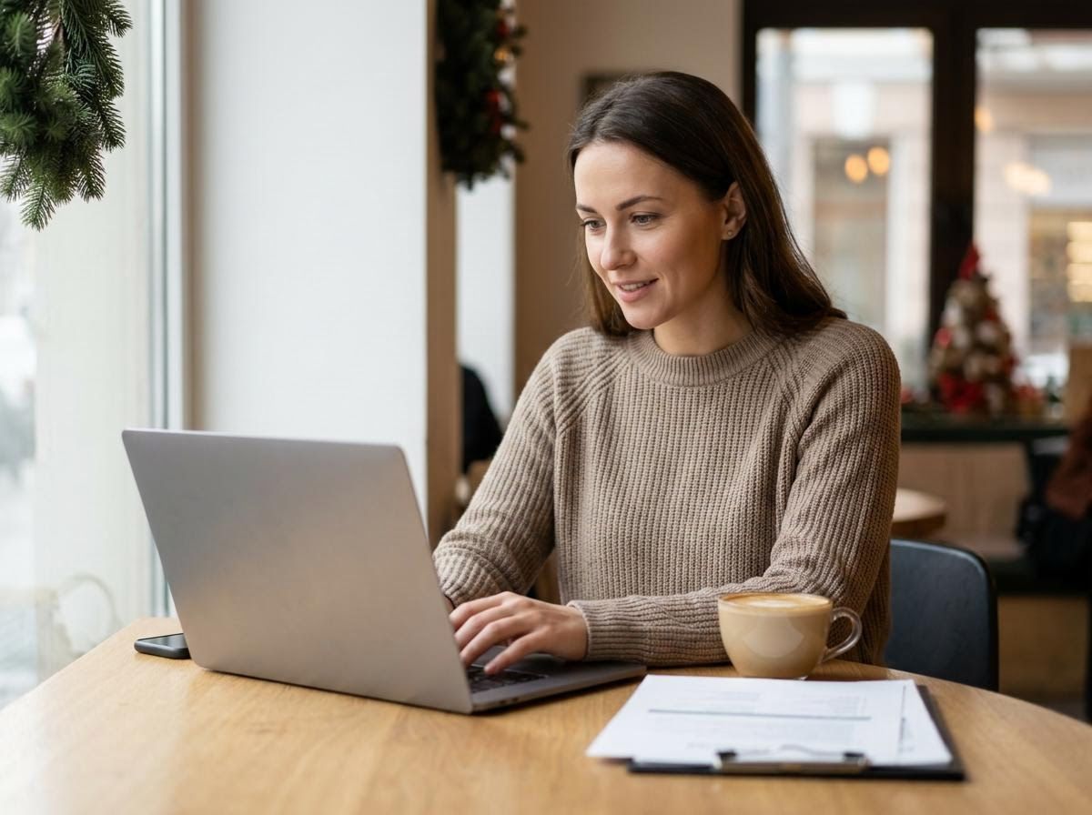 Young Woman Working on Laptop in Cafe