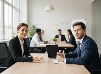 Two confident colleagues, a woman and a man, sit at a desk in a modern office, while other team members work in the background. Business Professionals in Office
