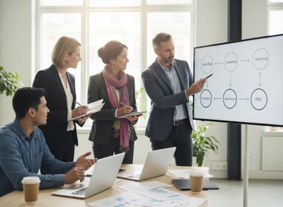 Four business professionals, two women and two men, observe a presentation. A man points to a screen showing a recruitment process flowchart. Business team discussing a recruitment process flowchart on a screen