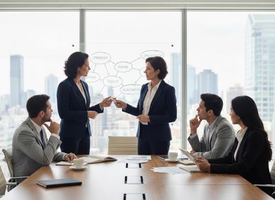 Two businesswomen discussing a strategy flowchart on a glass board while colleagues observe in a modern office meeting room. Businesswomen collaborating on strategy flowchart during meeting