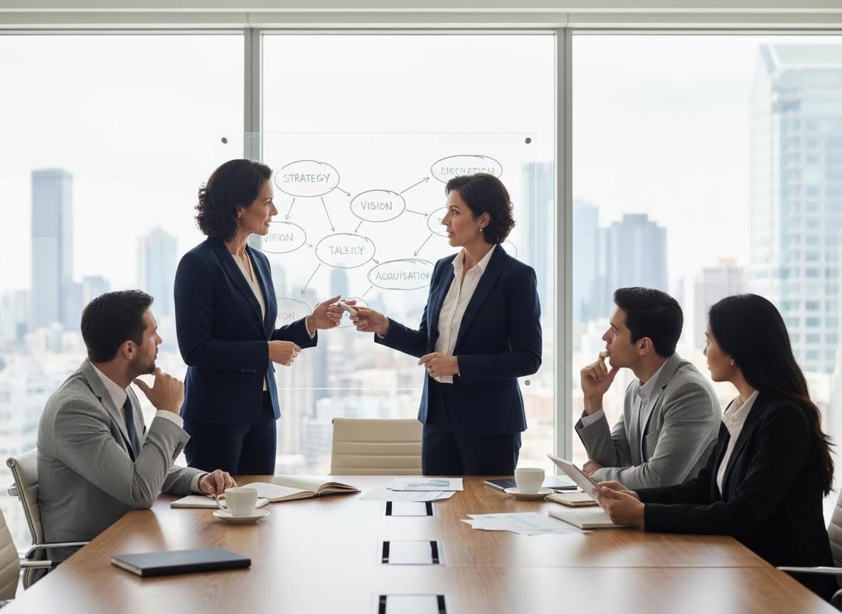 Businesswomen collaborating on strategy flowchart during meeting