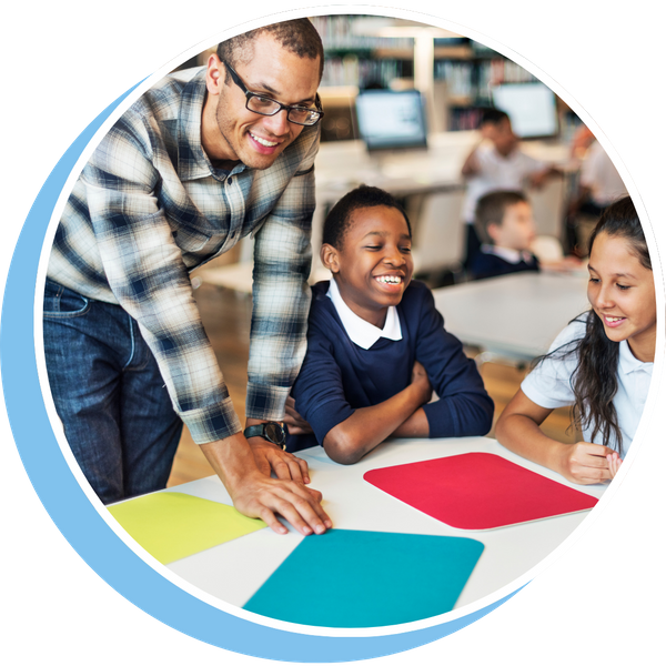 elementary teacher with students