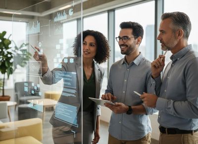 Business Professionals Analyzing Data on Transparent Screen