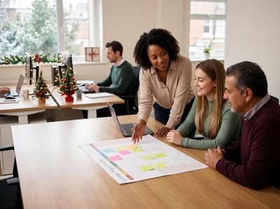 A diverse team discusses a 'Calendar Project Timeline' in a cheerful office setting, decorated with small Christmas trees and lights. Diverse Team Collaborating on a Project Timeline in a Festive Office