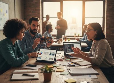 A diverse tech team collaborates. A man holds a circuit board, a woman points to data on a tablet, and another discusses code on a laptop in a sunlit office. Tech Team Collaboration on Hardware and Software Development