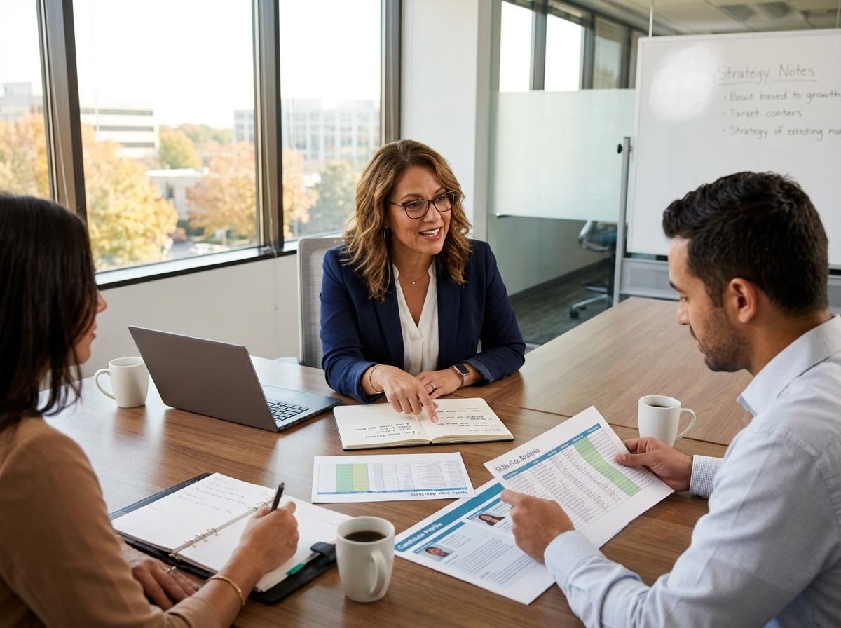 Business professionals review skills gap analysis