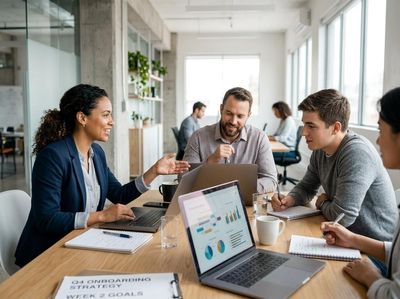 Diverse professionals collaborate in a bright, modern office, discussing strategy, using laptops with data, and taking notes. Diverse Business Team Collaborating in Modern Office
