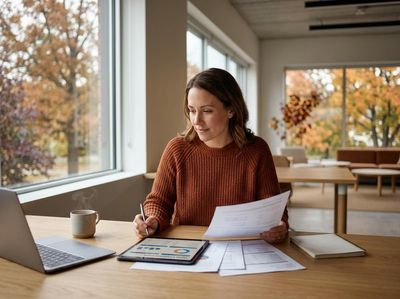 A woman in a rust sweater works on a tablet displaying charts and reviews papers at a wooden desk, with a laptop, coffee, and autumn trees outside. Woman Working on Tablet and Laptop