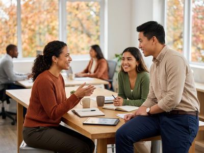 Three diverse professionals, two women and one man, smiling and conversing at a table in a bright office with autumn trees visible outside. Diverse professionals collaborating in a modern office