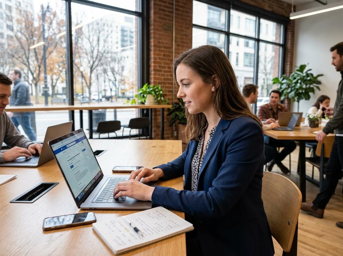 Professional Woman Working on Laptop in Modern Office