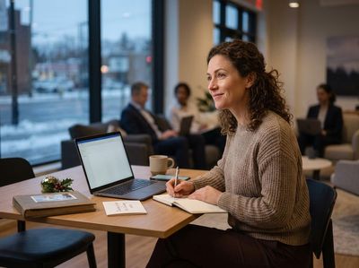 Woman writing in notebook at office lounge table