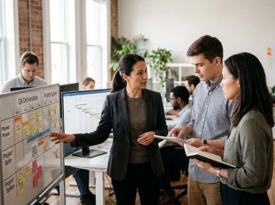 A female manager explains a project plan on a whiteboard to two colleagues holding notebooks in a modern office. Business Team Collaborating on Project Deliverables
