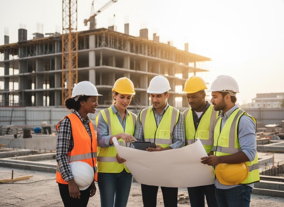 Diverse construction team reviewing blueprints and tablet on site
