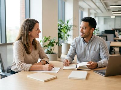 A man and a woman smile and converse at an office desk, with notebooks and a laptop. The woman writes, the man holds a book. Two colleagues discussing in an office meeting
