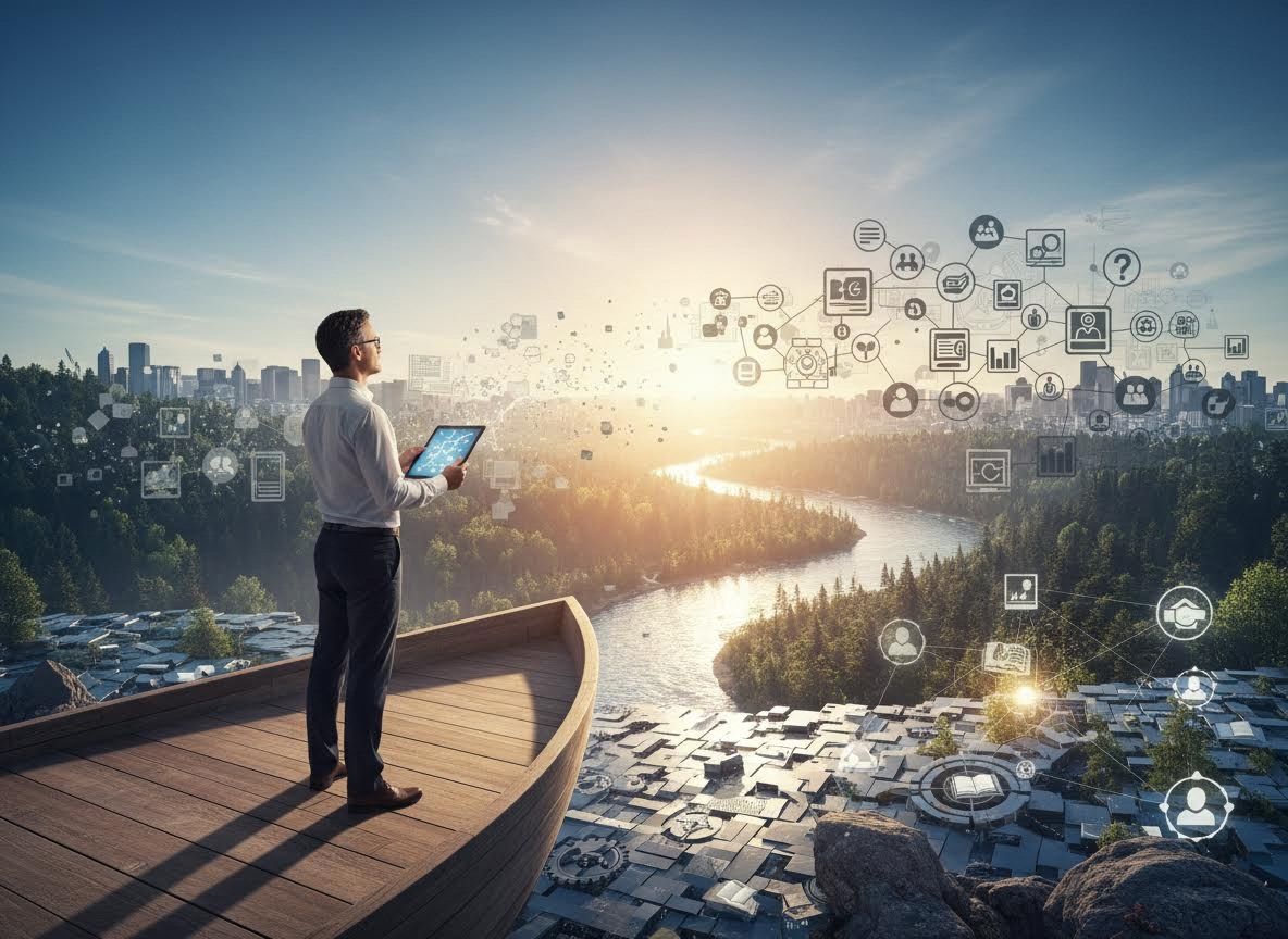 Man on boat with tablet viewing digital network over city and nature