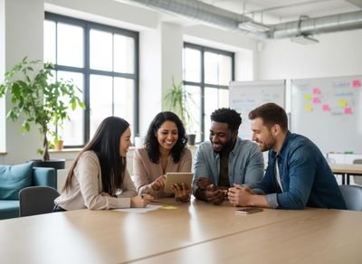 Four diverse professionals, two women and two men, smiling and collaborating around a table, looking at a digital tablet. Diverse Team Collaboration