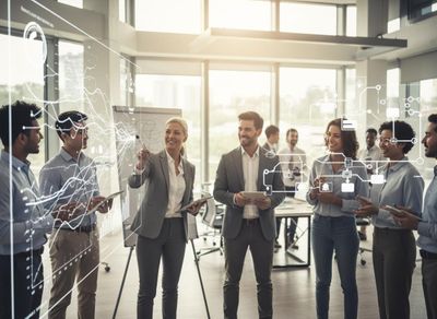Diverse Business Professionals Analyzing Digital Data in a Modern Office