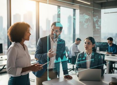 Three business professionals engage with holographic data visualizations and AI in a modern, sunlit office, focusing on collaboration and analytics. Diverse Business Team Collaborating with AI and Holographic Data