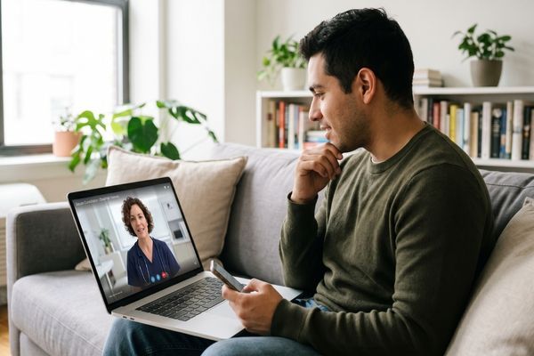 A man talking to a doctor on a laptop