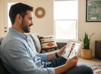 A smiling man sits on a couch, holding a tablet displaying a male doctor during a virtual appointment. Man on video call with doctor for telemedicine