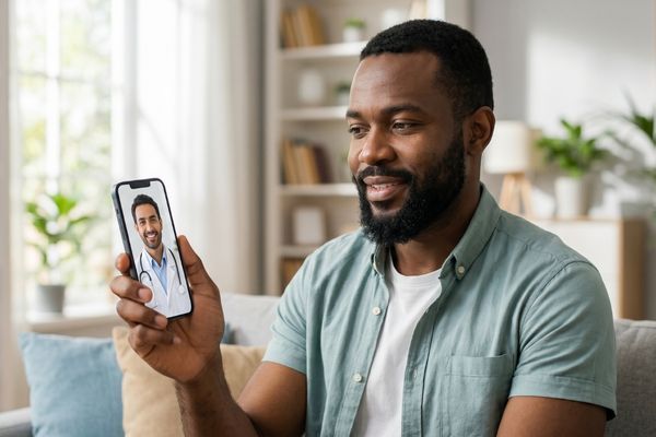 a man talking to a doctor on the phone