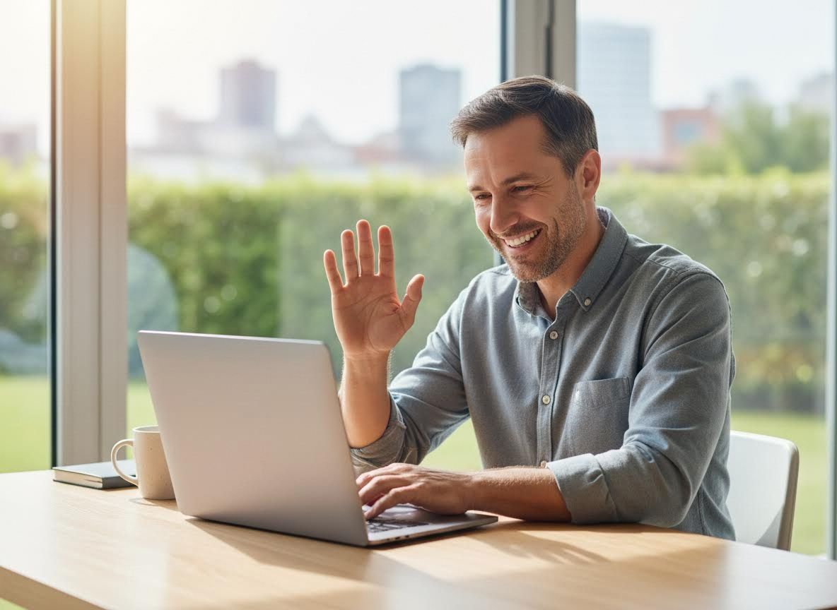 A man smiles confidently while closing the lid of his laptop and waving at the computer screen. 