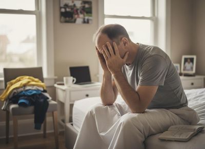 A man sits on a bed with his face in his hands, appearing overwhelmed or sad. A laptop and open notebook are nearby. Distressed man with face in hands sitting on bed in bedroom