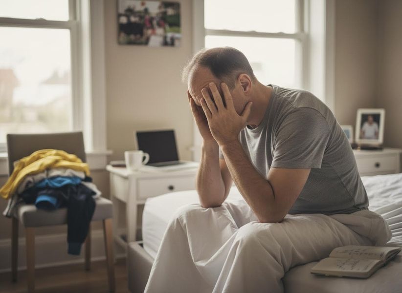 Distressed man with face in hands sitting on bed in bedroom