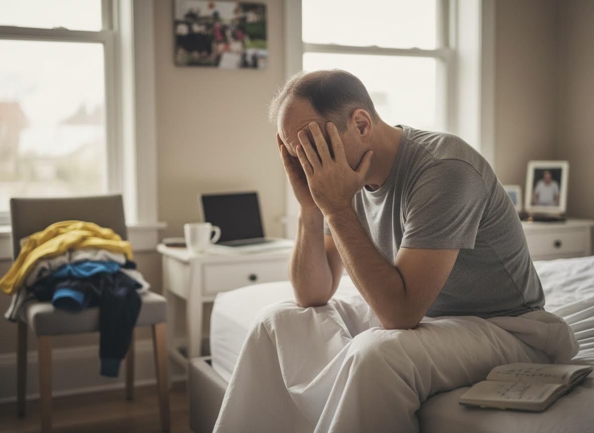 Distressed man with face in hands sitting on bed in bedroom