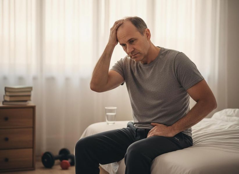 Man experiencing pain and discomfort on bed