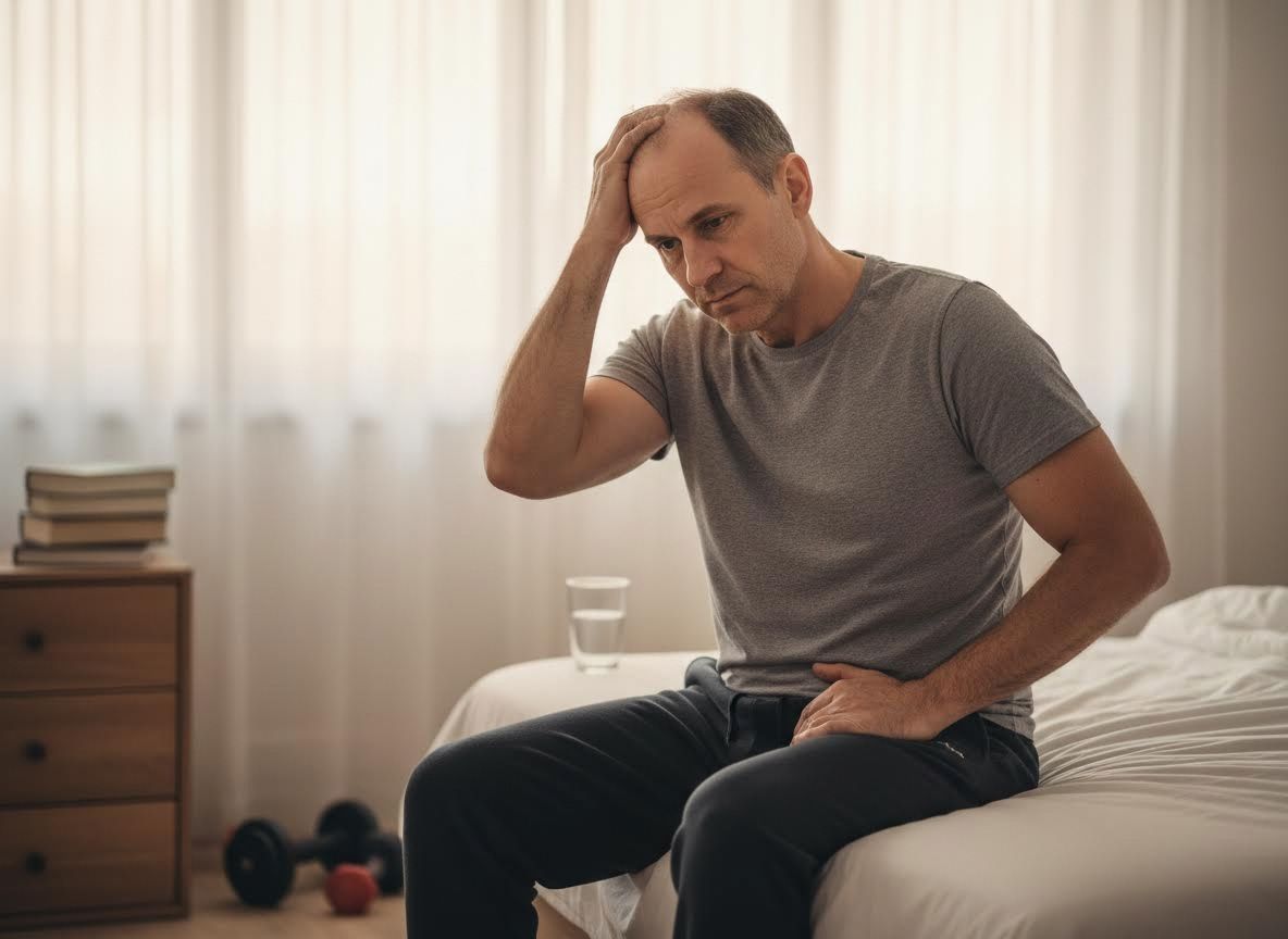 Man experiencing pain and discomfort on bed