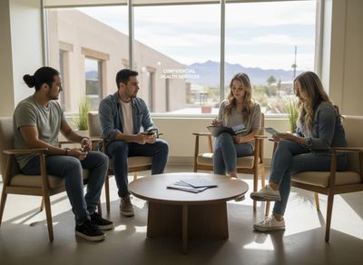 Young Adults in Modern Healthcare Waiting Room