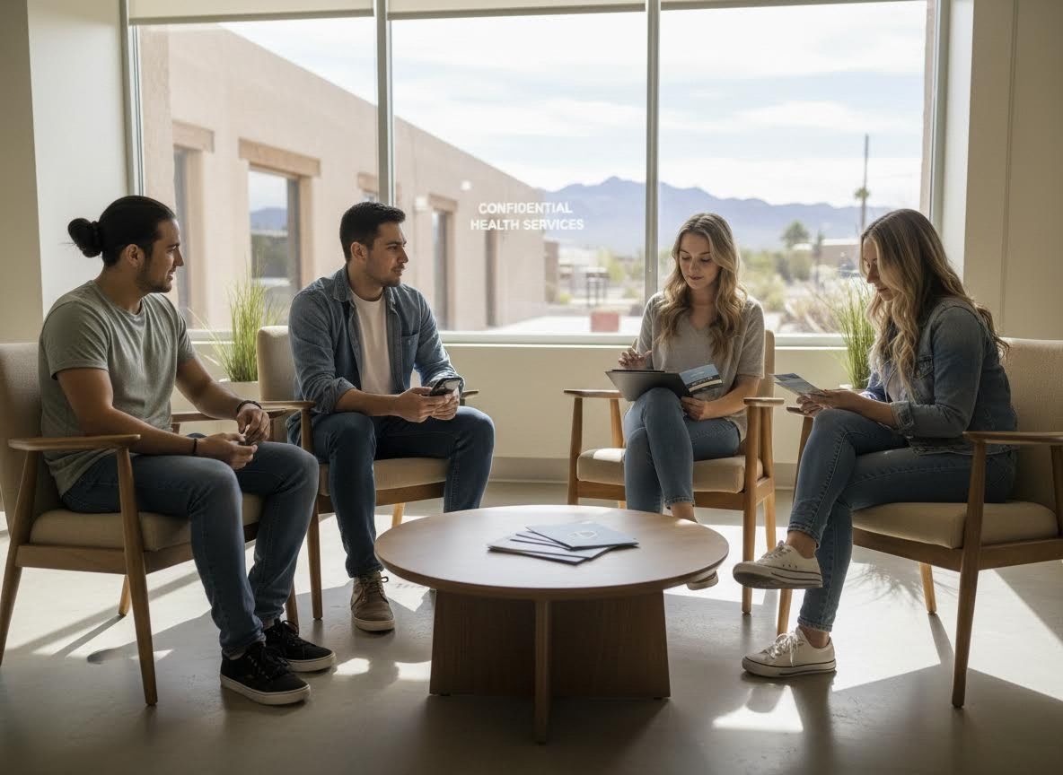 Young Adults in Modern Healthcare Waiting Room