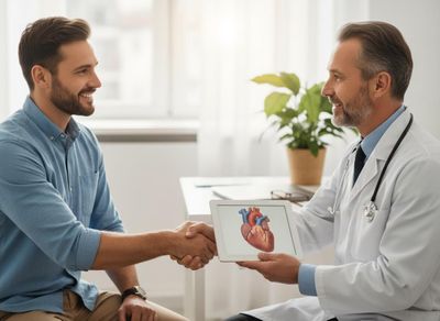 A smiling doctor shakes hands with a patient while showing a digital human heart model on a tablet during a consultation. Doctor and Patient Discussing Heart Health