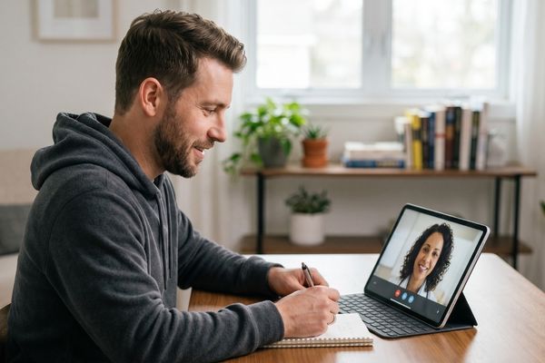 A man talking to a doctor on a tablet