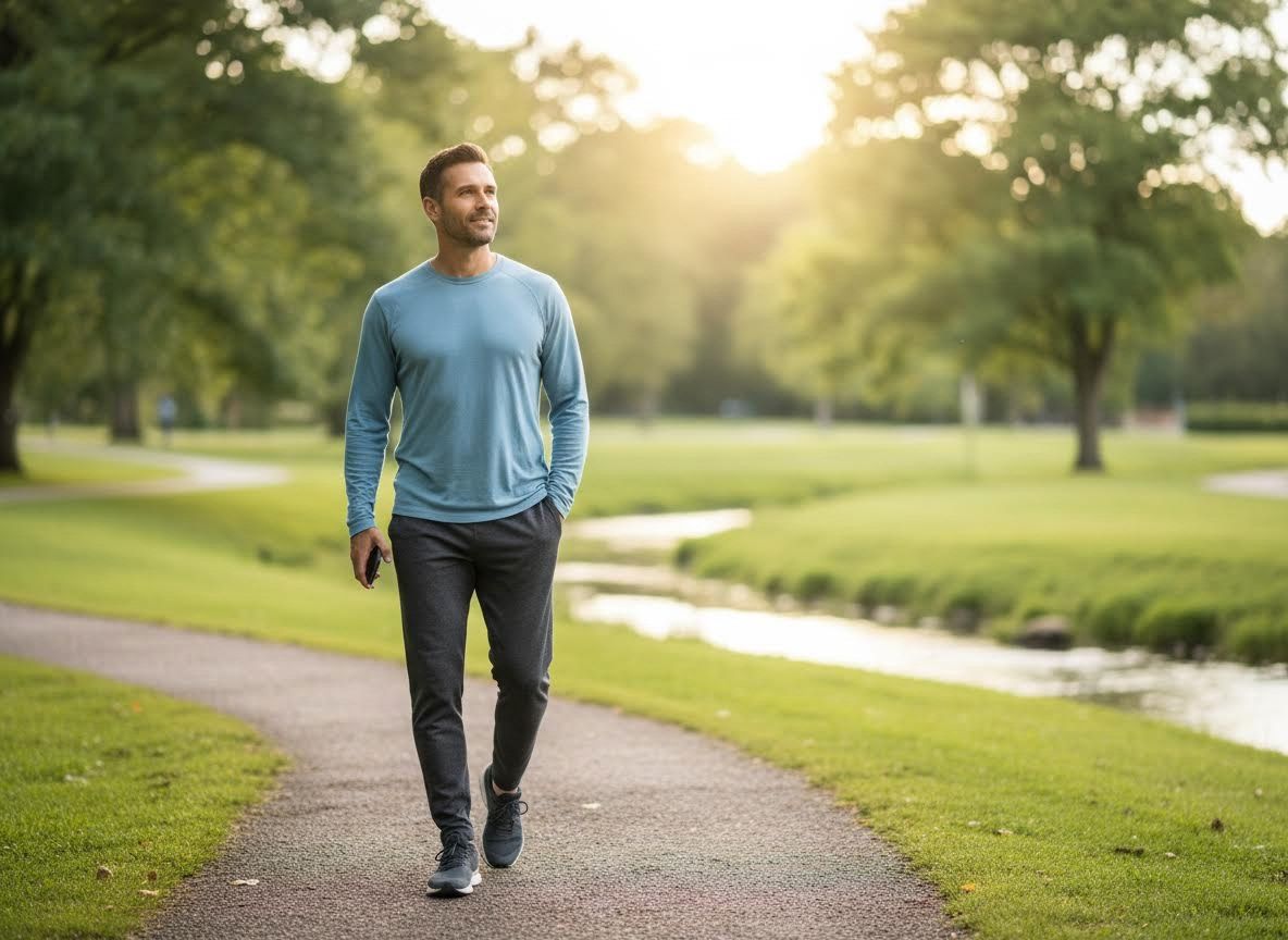 Man walking in a park at sunset