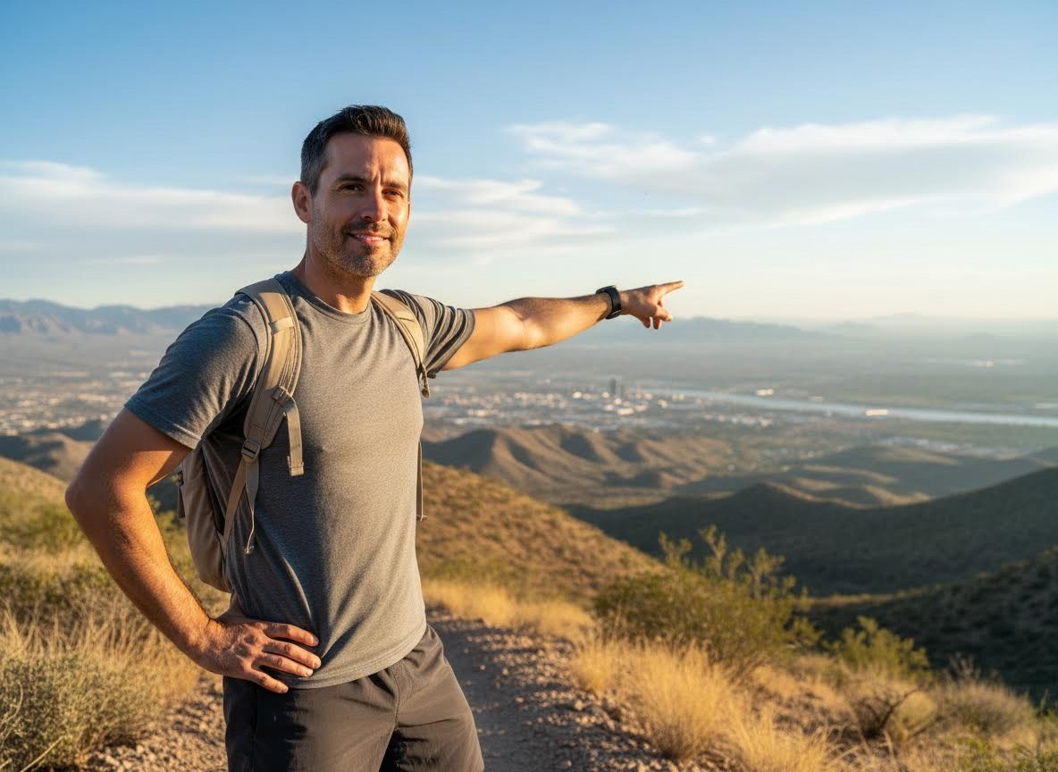 Man Hiking and Pointing at Scenic Mountain View