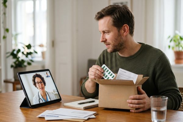 Man talking to a doctor online with a pharmacy shipment