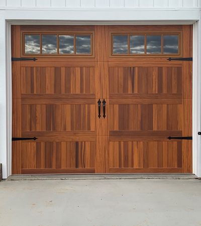 Wood and glass garage doors