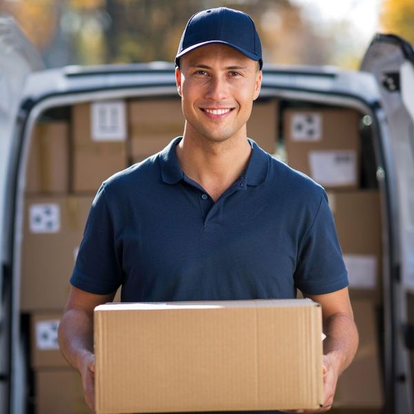 Delivery man smiles while holding a package